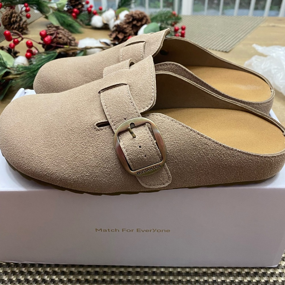 Birkenstock Women's Beige Suede Buckle Mules